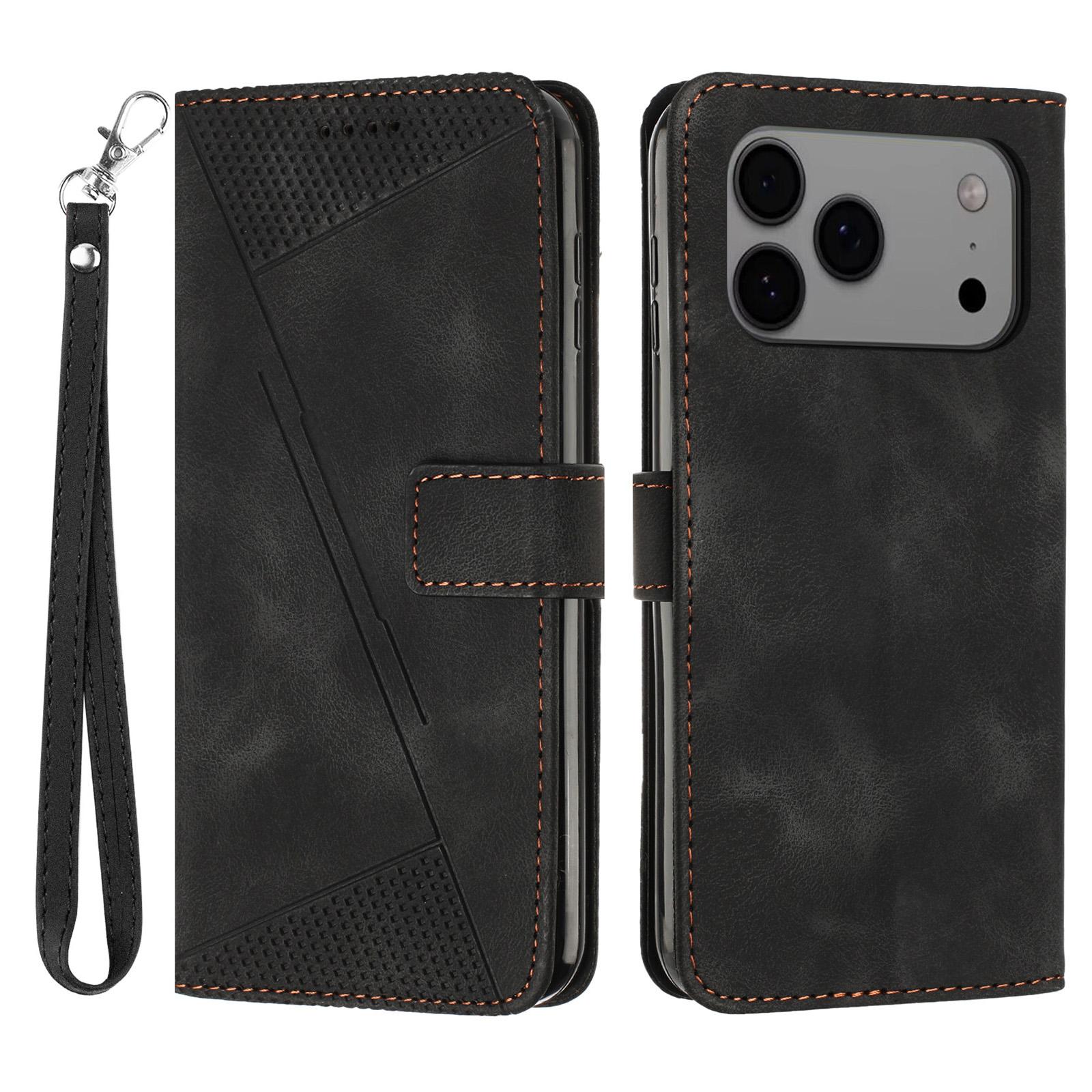 

Кожаный чехол для iPhone 17 Pro Max с тисненым треугольником, чехол для телефона с ремешком для руки Black