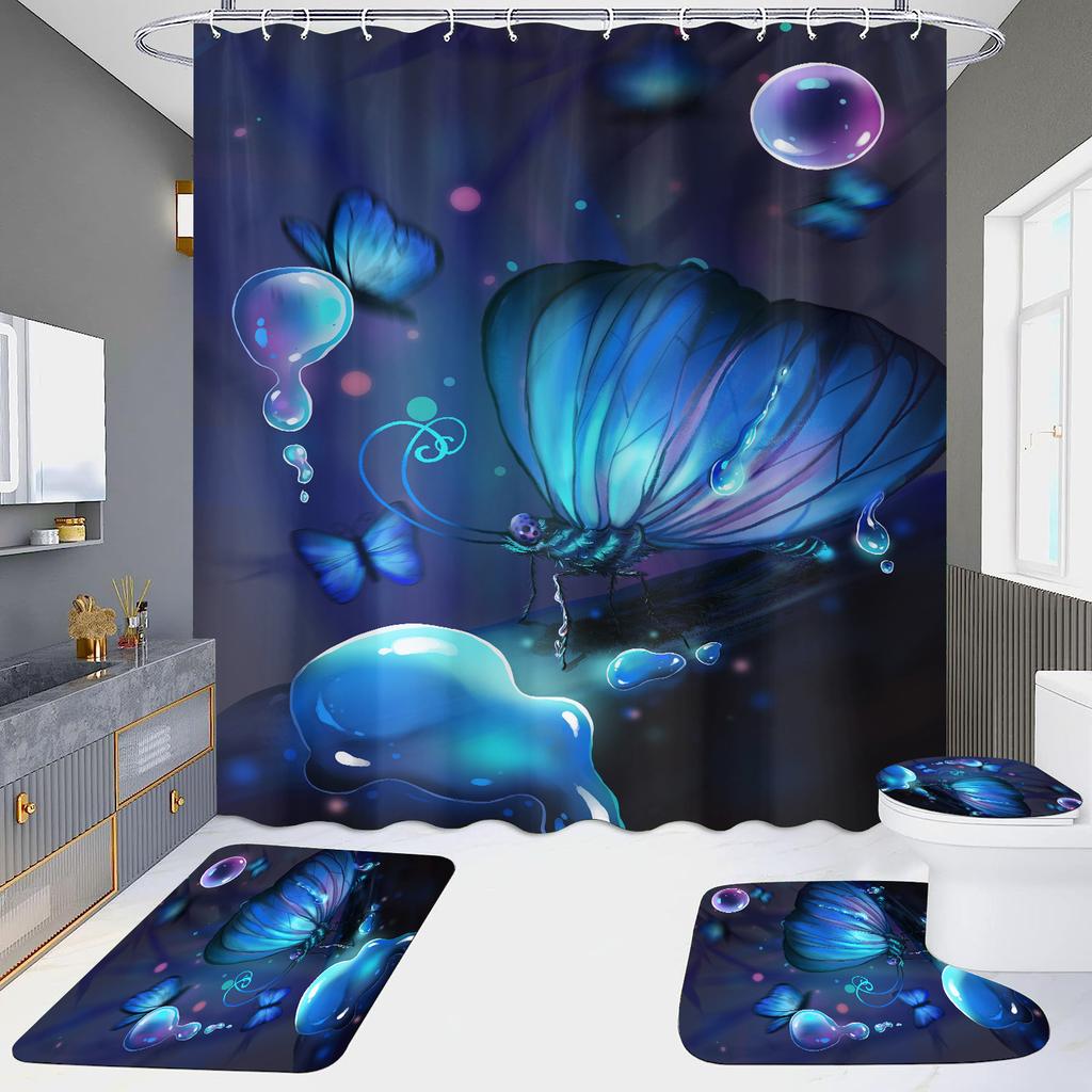 4-Piece Shower Curtain Set with HD Digital Printing | Waterproof, Drill-Free, Ideal for Home/Hotel Bathroom Partition