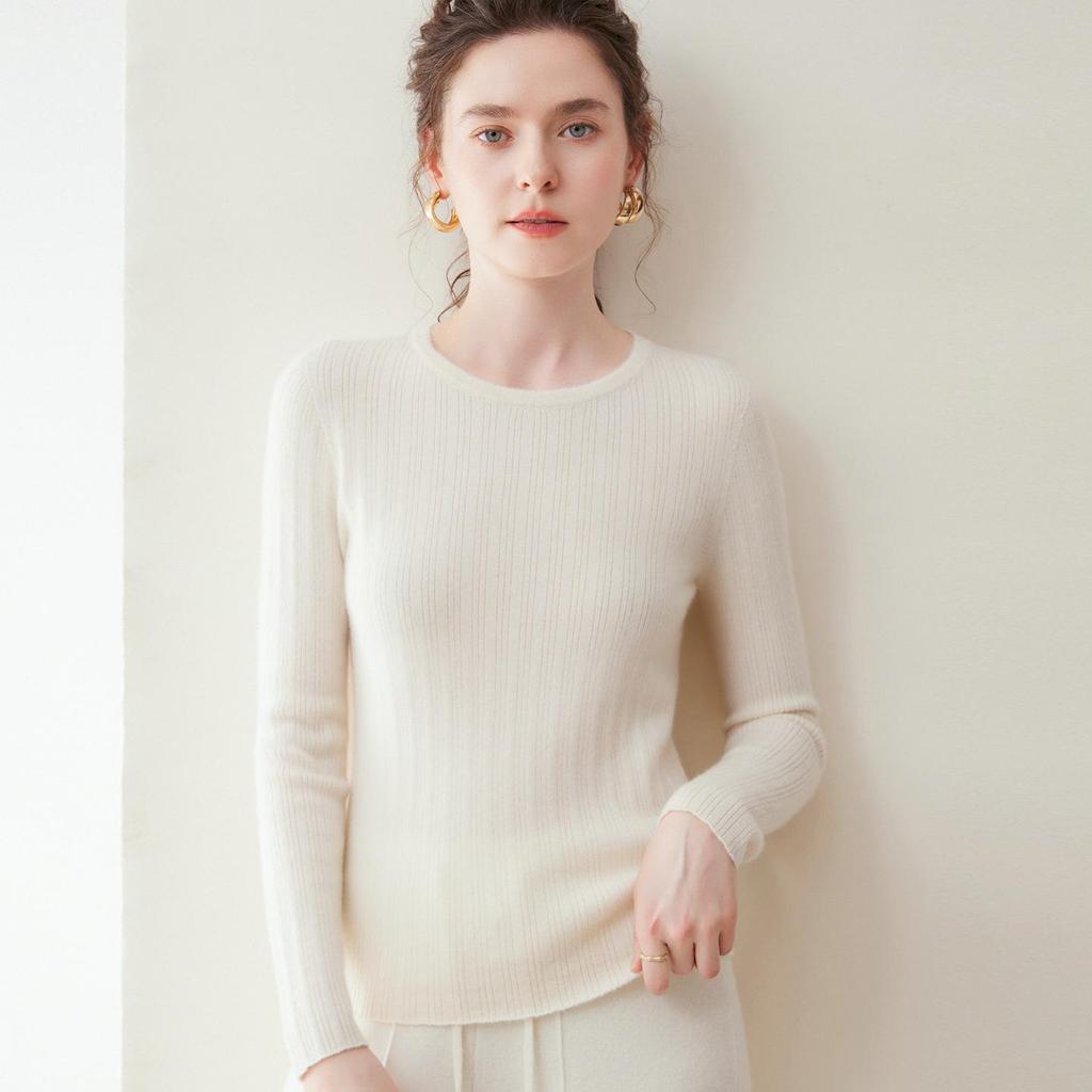 Lekasha Pure Cashmere Seamless Vertical Stripe Round Neck Base Layer Shirt for Autumn/Winter