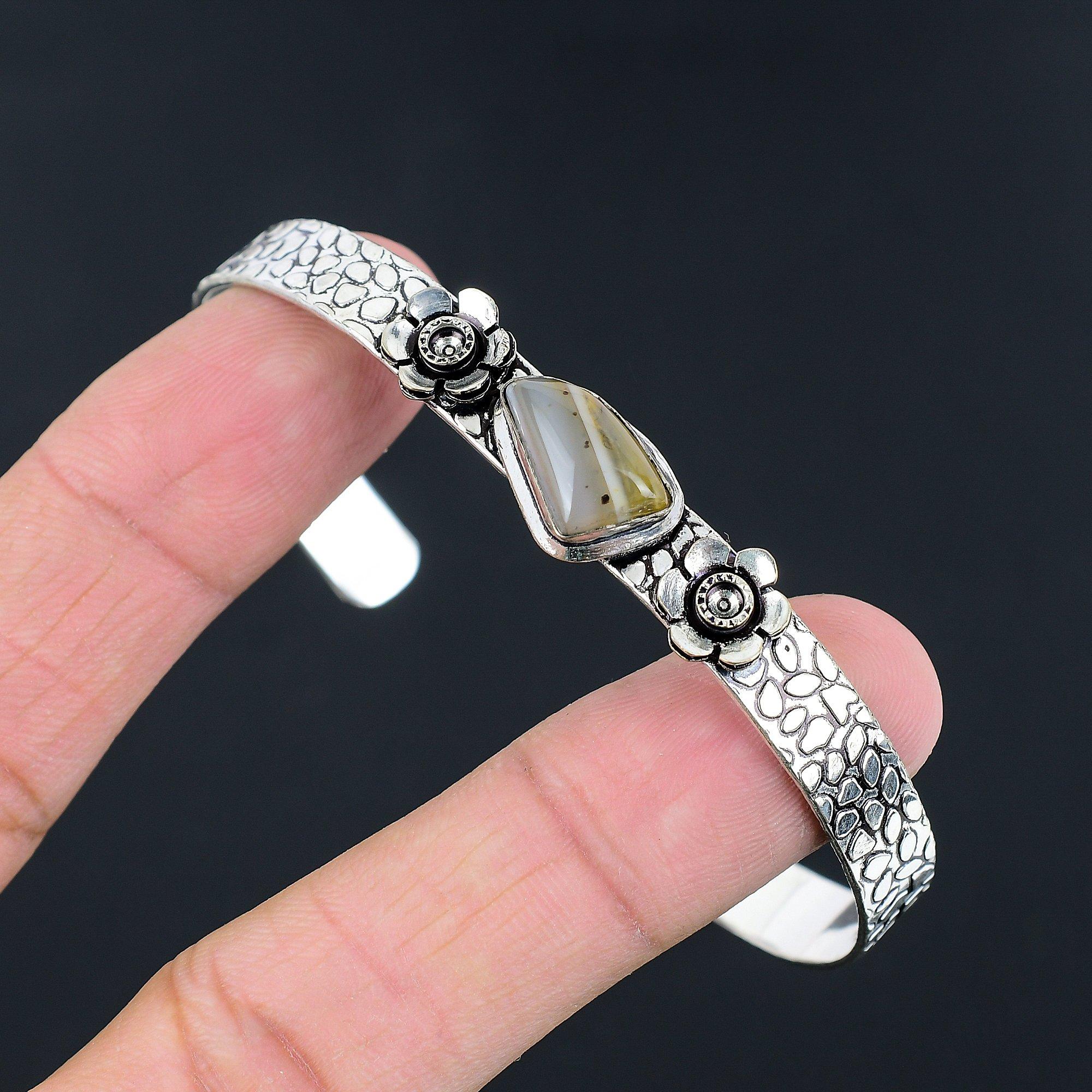 

Halloween Sale 925 Sterling Silver Trillion Montana Agate Stone Flower Bangle Adjustable