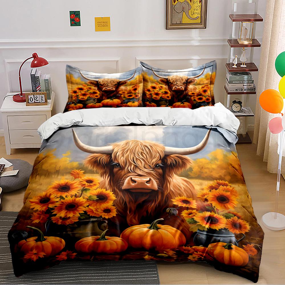 Highland Cow with Pumpkins and Sunflowers Bedding set (1 duvet cover, 2 pillowcases, duvet not included) 135x200cm