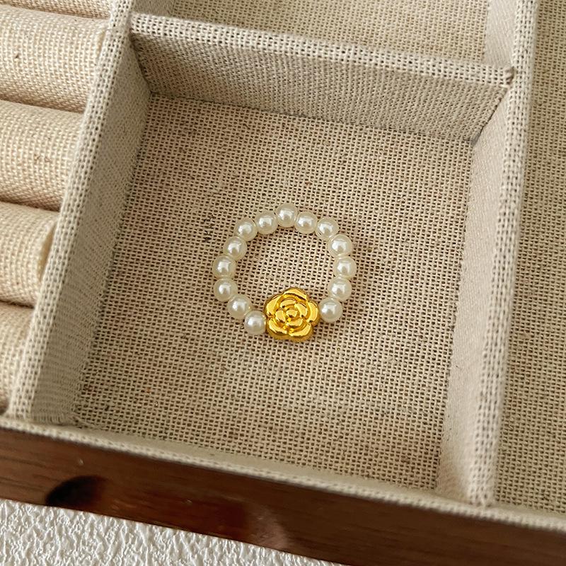 Pearl Beaded Ring Women's Elastic Rope Literary Stacking Index Finger Ring High-end Handmade Ring Jewelry