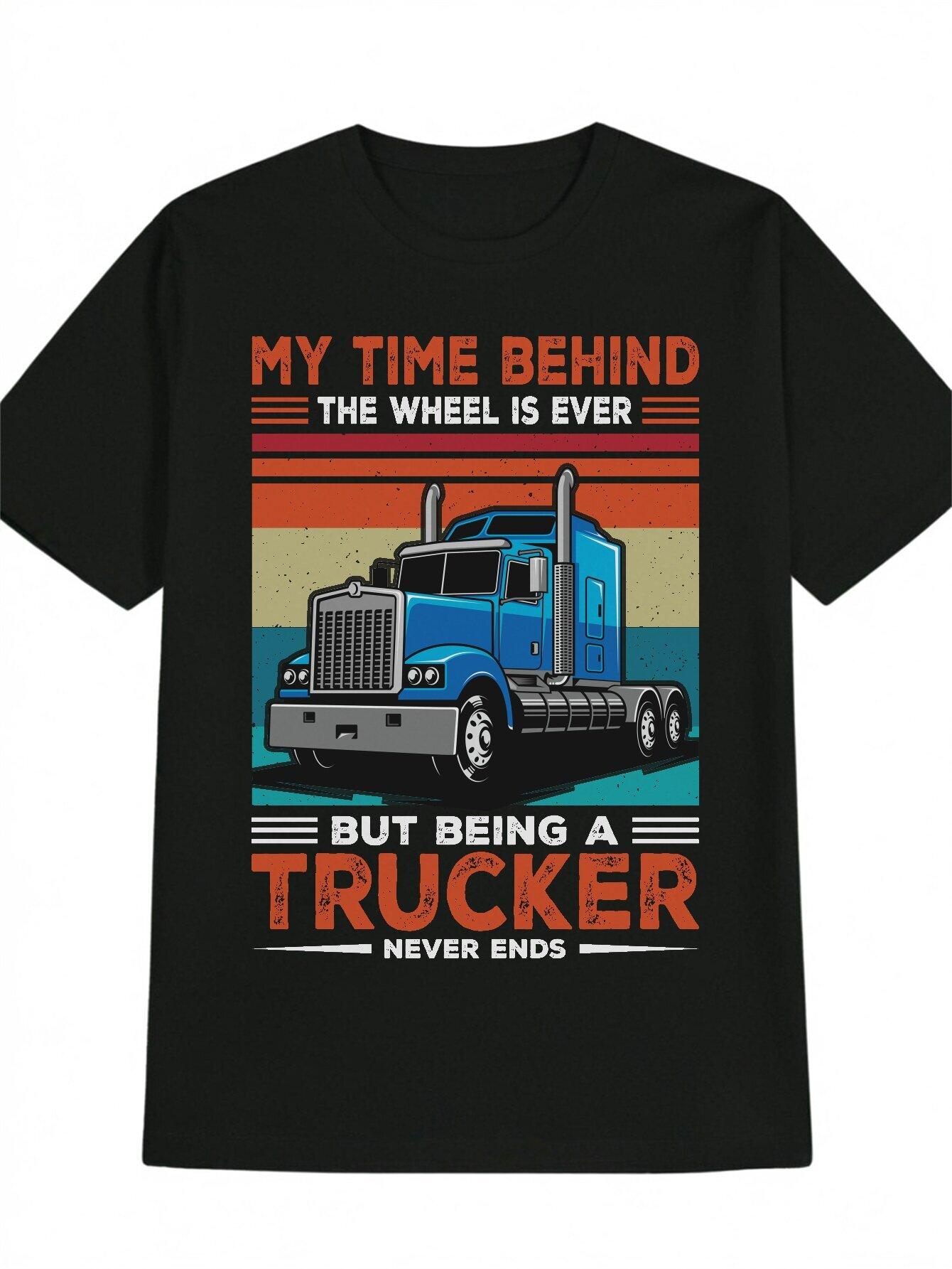 

Casual Crew Neck T-shirt with Vintage Truck Print - My Time Behind the Wheel is Ever Just Being a Trucker - Colorful Gradient Design XL
