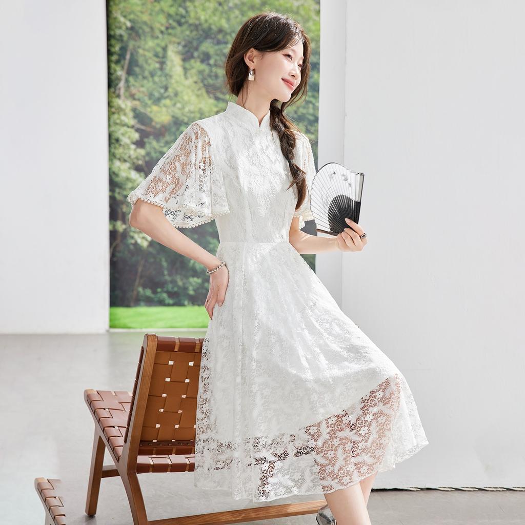 Improved lace white cheongsam women's new thin new Chinese certificate registration daily dress long dress