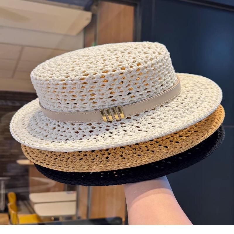 Lightweight Breathable Straw Boater Hat Hollow Out Leather Trim UV Protection Cap for Beach Travel Summer Outdoor Use