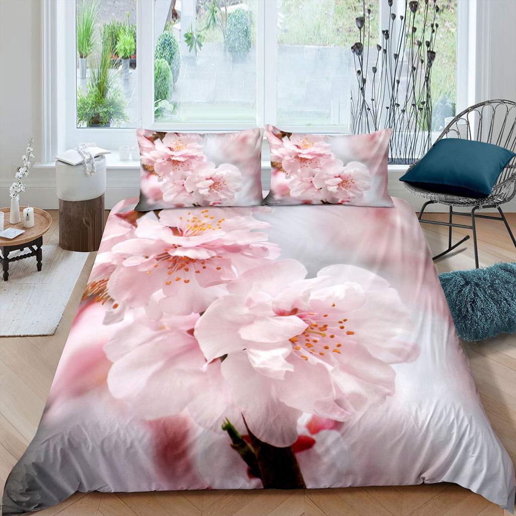Peach Blossom Duvet Cover Set King Size Microfiber Pink Floral Bedding For Teens Women Twin Comforter Cover