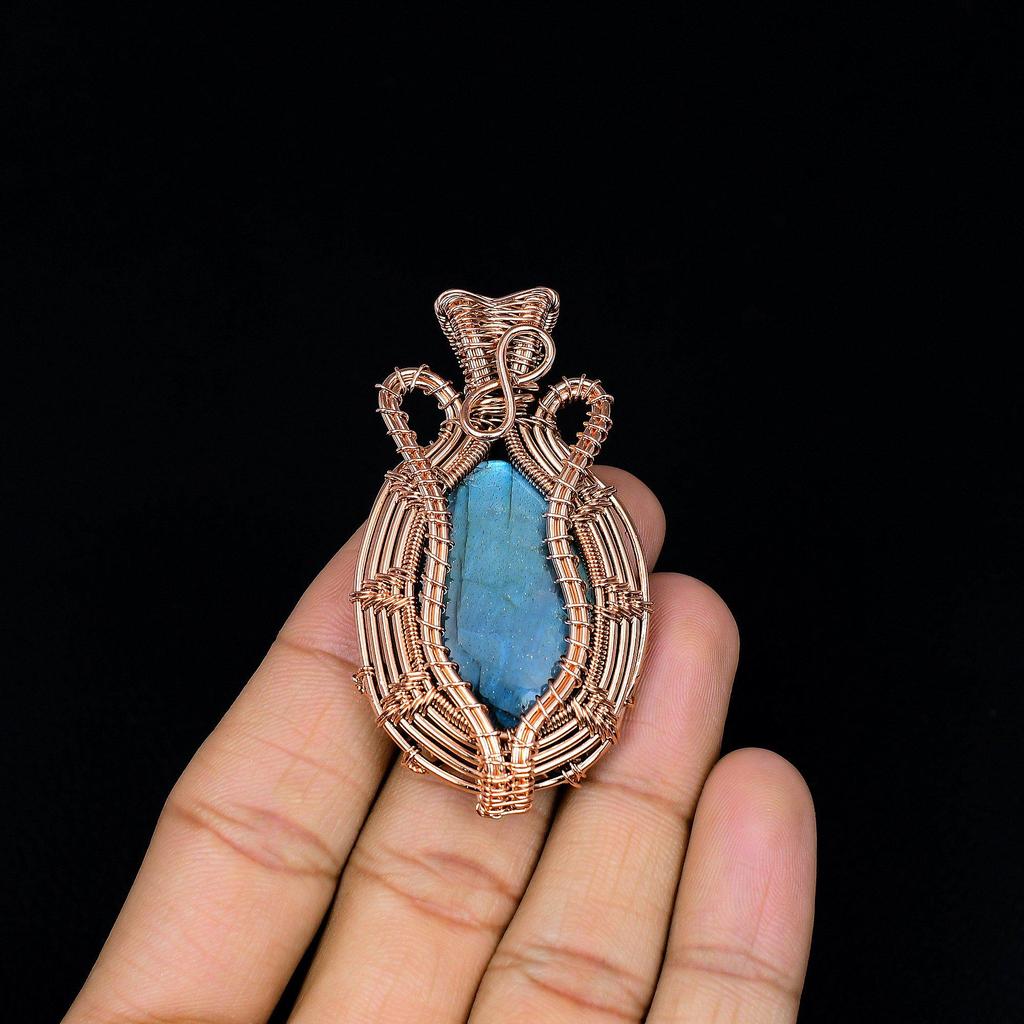 Labradorite Pendant, Handmade Gemstone 999 Copper Wire Wrapped Pendant Antique Jewelry, For Gift Silver Jewelry
