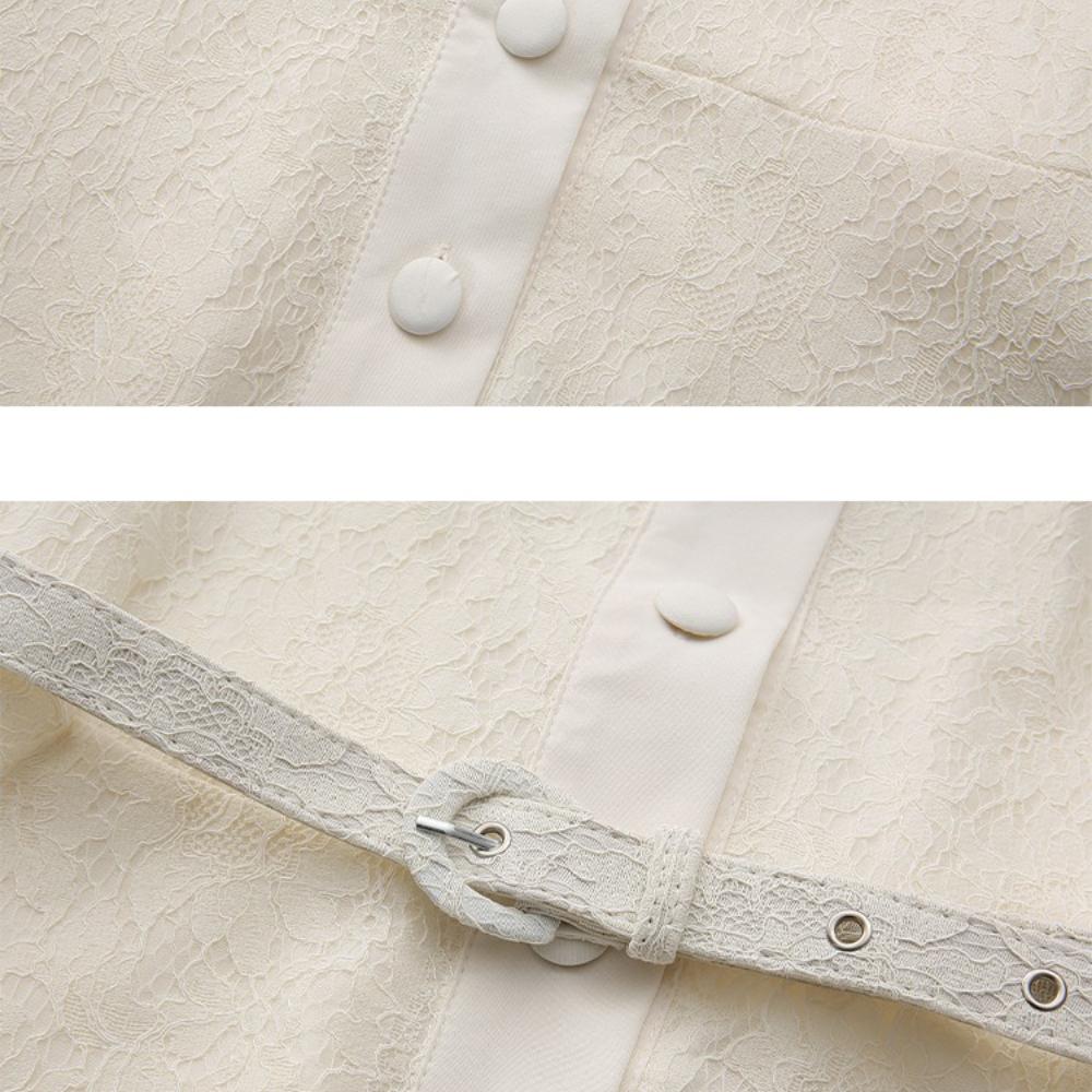 New Spring/Summer Vintage Lace-Panel Sleeveless Maxi Dress for Women Elegant V-neck Single-breasted Belt Slim A-line Party Dress