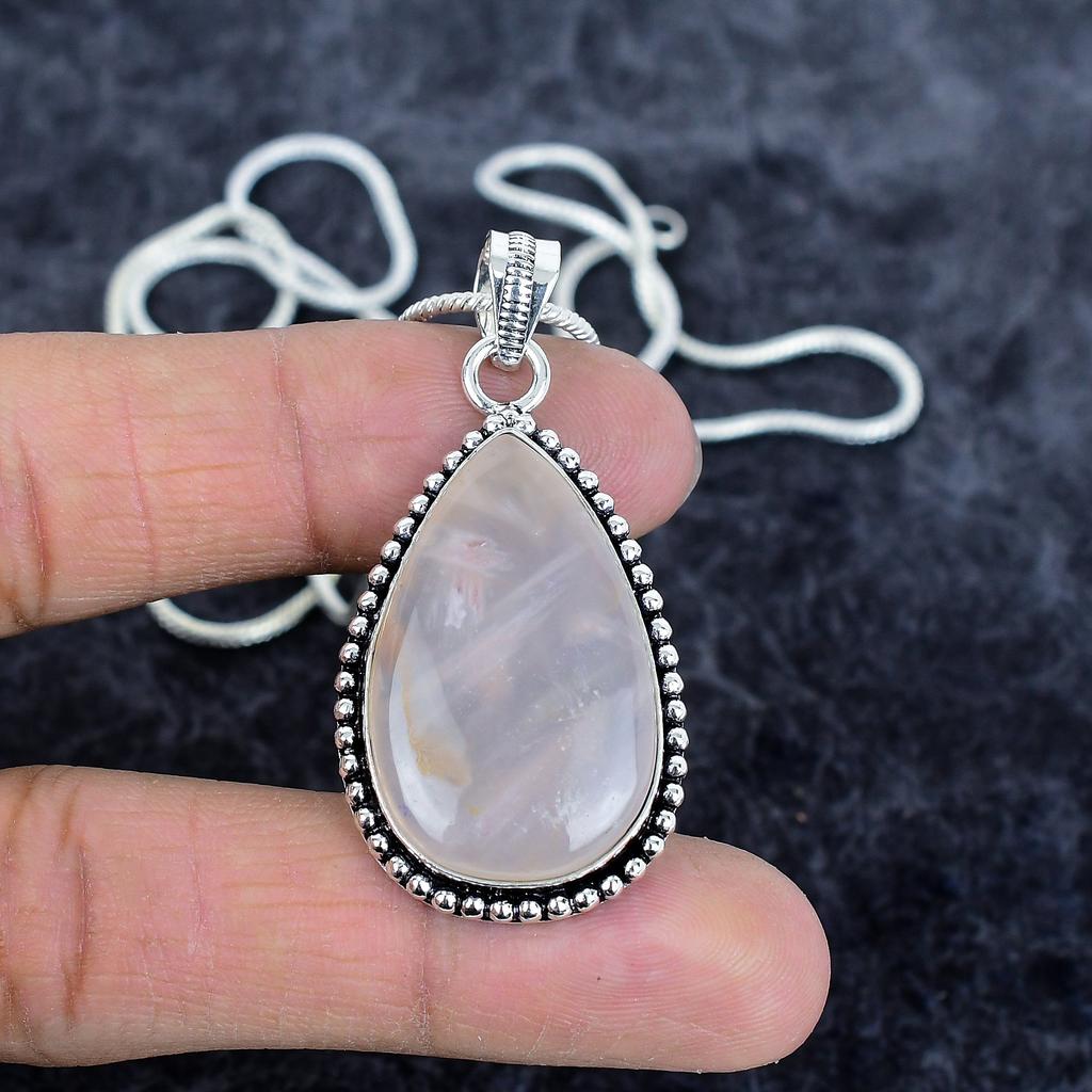 Rose Quartz Gemstone Handmade 925 Sterling Silver Jewelry Pendant 2.05" M-2918