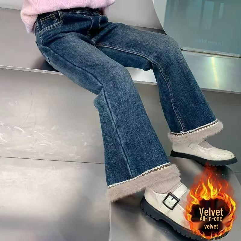 Medium-Large Girls' Velvet One-Piece, Autumn/Winter, Loose Wide-Leg Micro-Flare Pants, Fashionable and Versatile