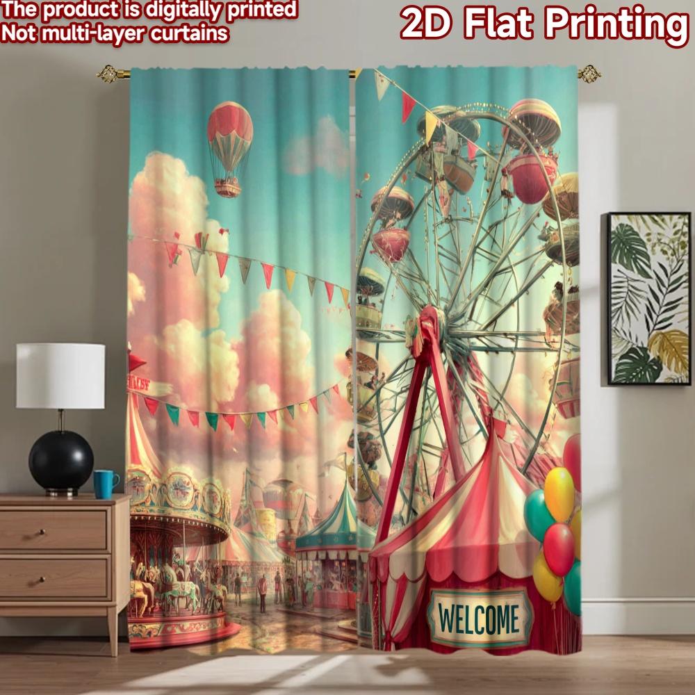 2D flat printing 2pcs Window Treatment Curtains Carnival Ferris Wheel Fun Ride Digital Printed Polyester Drapes Holiday