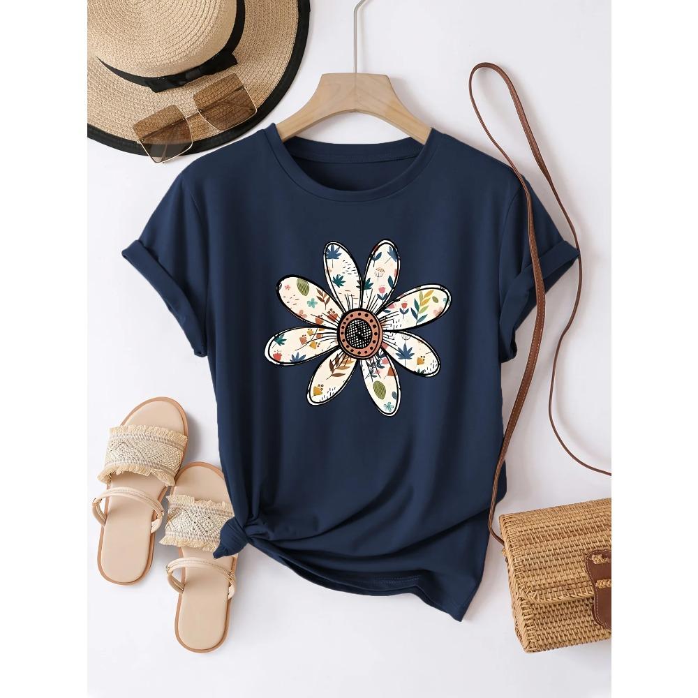 Boho Daisy Women s Tee - Floral Pattern Graphic, Casual Navy Blue Top S