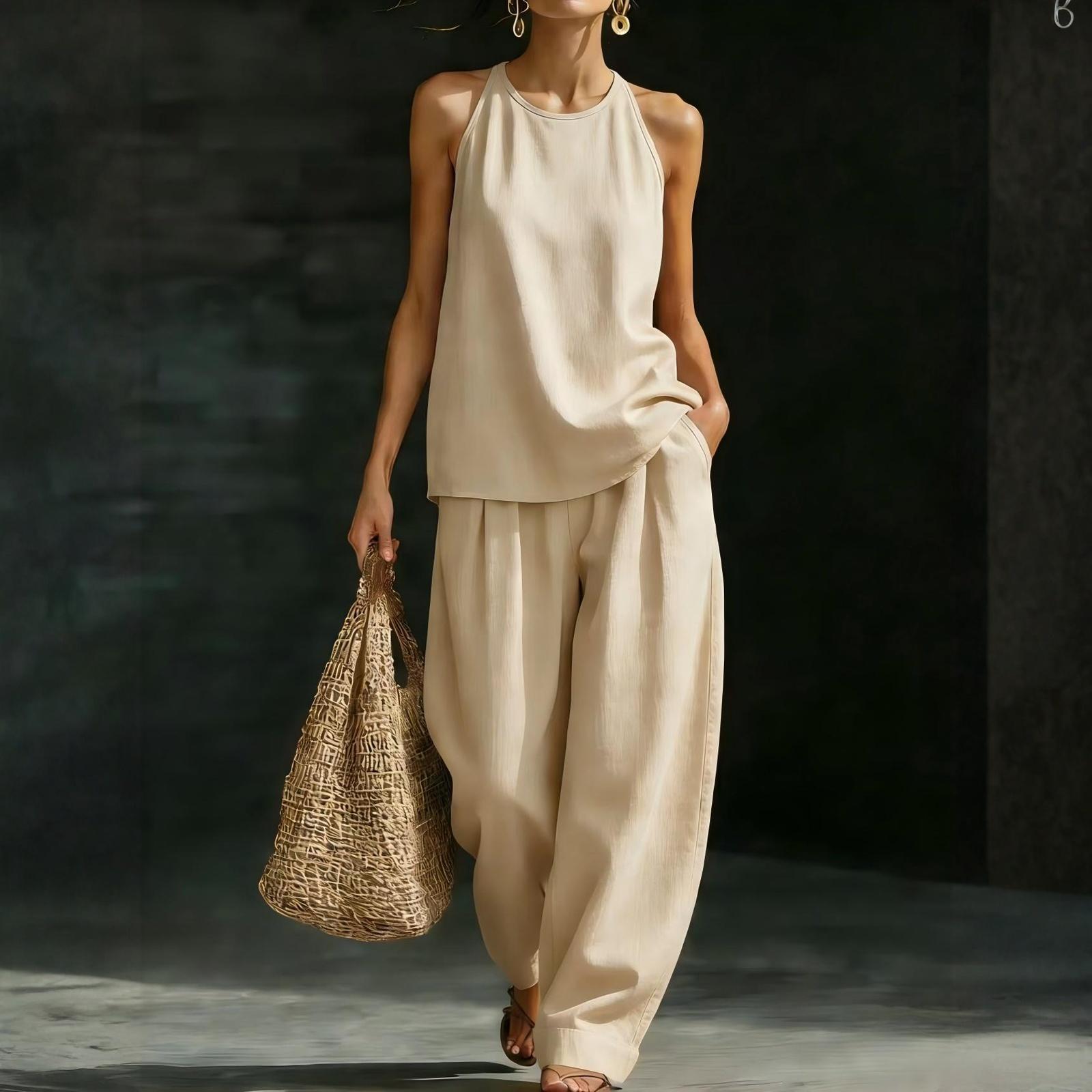 Women s Round Neck Sleeveless Top And Trousers Fashion Casual Suit XXXL бежевый