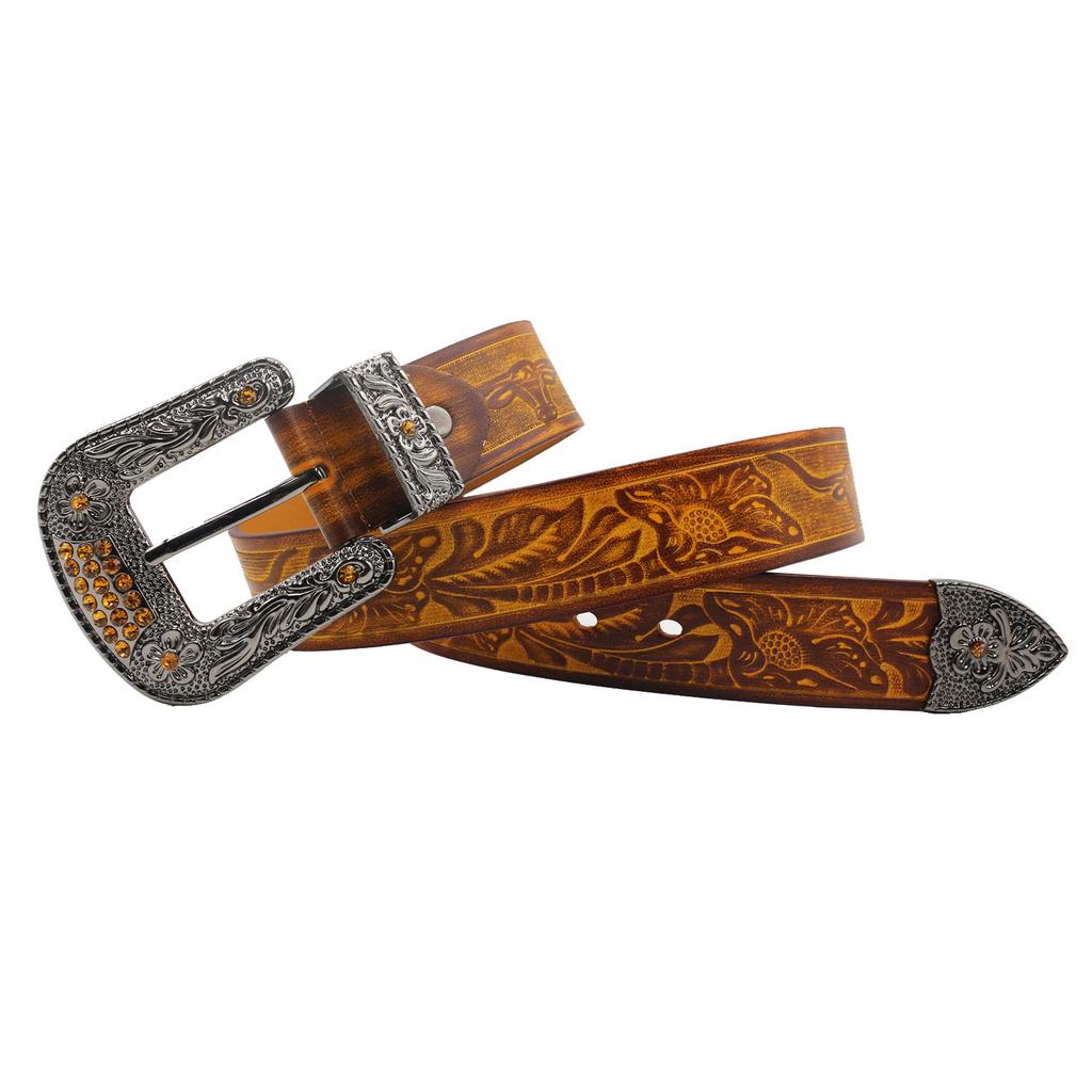 New Rhinestone Carved Retro Individual Men's Belt Ethnic Style Fashionable Women's Top Cowhide Decorative Belt