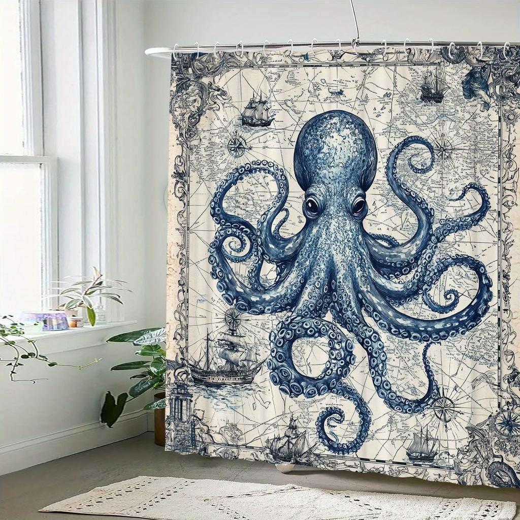 Nautical Octopus Shower Curtain: Unique Coastal Decor For Bathroom, Ocean Vibes, Vintage Charm, And Adventure For Sea Lovers