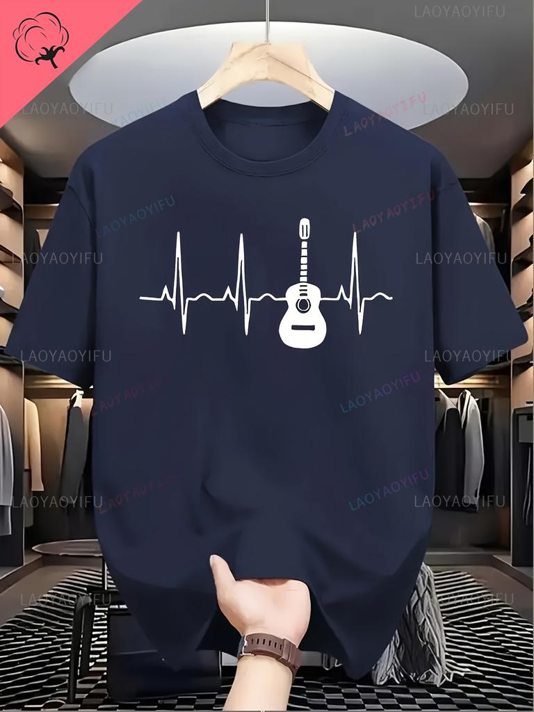 MenS Casual Short Sleeve Harajuku Oneck Printed TShirt Breathable Summer Harajuku with Guitar Heartbeat Line Casual Tee