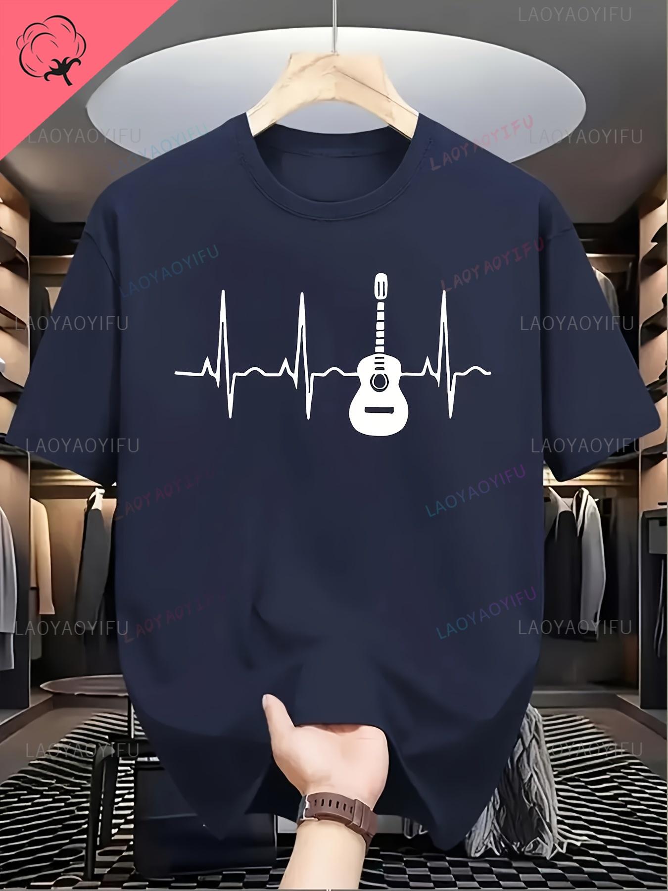 

MenS Casual Short Sleeve Harajuku Oneck Printed TShirt Breathable Summer Harajuku with Guitar Heartbeat Line Casual Tee 4XL