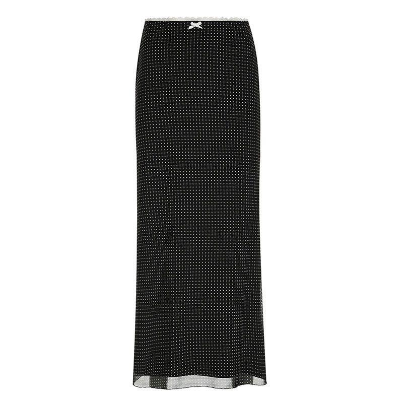 

C3252Sk European and American Cross-Border French-Style Polka Dot Element Waistband Lace Patchwork Long Skirt Sexy Hip-Hugging Half Skirt Black S