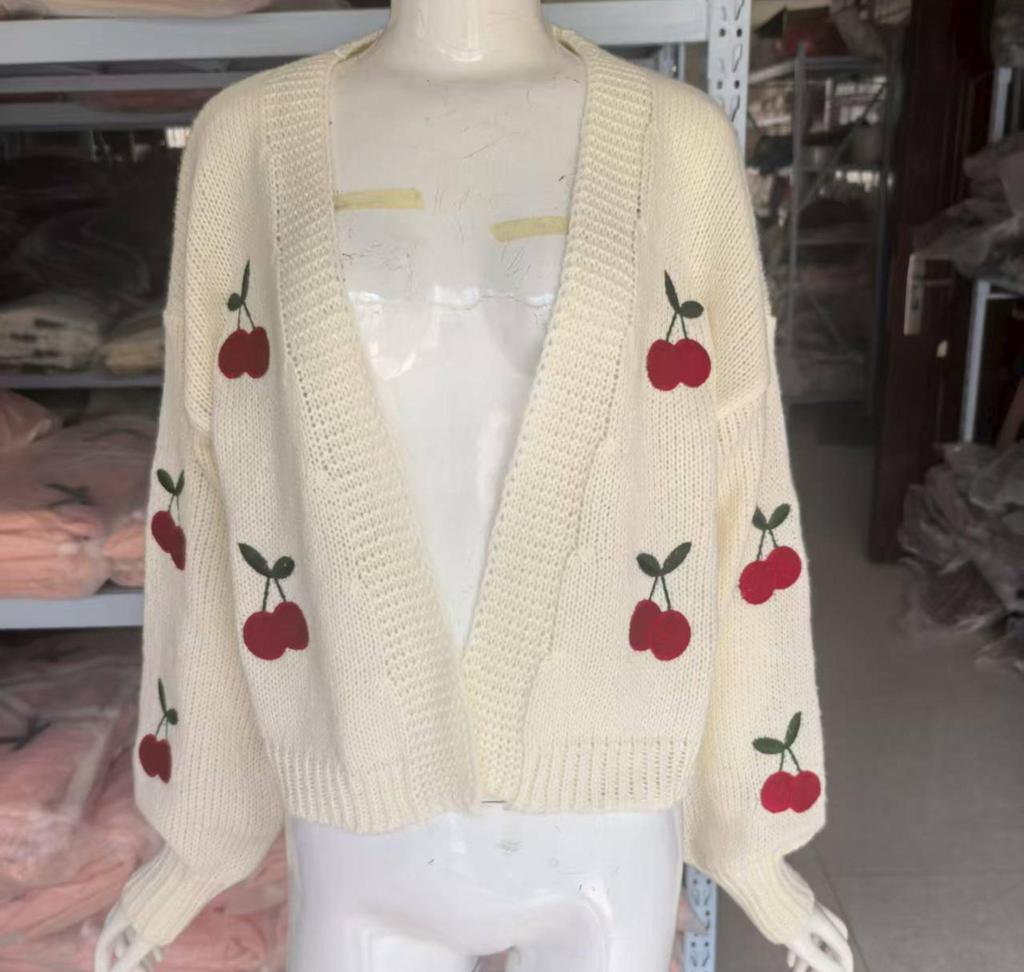 Cherry Embroidered No-Button Knit Cardigan - Autumn/Winter Loose Casual Women's Outerwear