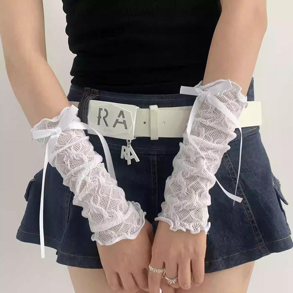 Lolita lace bow hand sleeve women's Japanese splicing ballet style ribbon strap sleeve cos sweet cool gloves