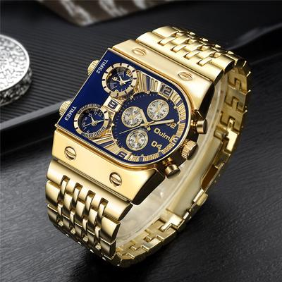 Orologio militare al quarzo dorato da uomo di lusso con display a tre fusi orari