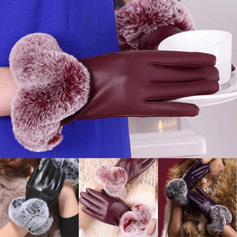 Buy Winter PU Leather Mittens Lady Elegant Female Rabbit Hair Gloves at