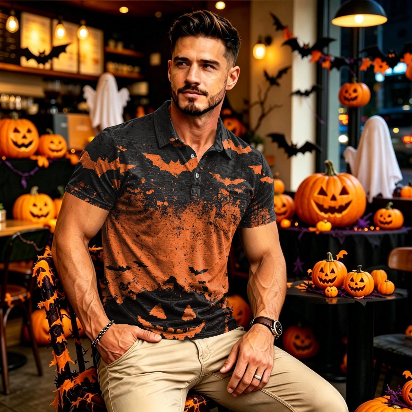 Men s Long Sleeve Quick Dry Golf Shirt with Pocket, Halloween Print L
