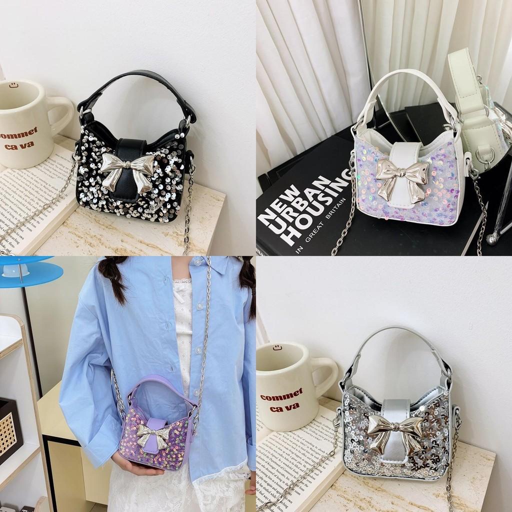 Kids Girl Butterfly Bow Sequin Mini Shoulder Bag With Breathable Pu Material For Daily Use