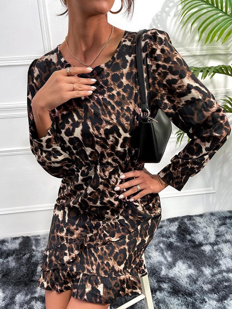 Khaki Leopard Print Long Sleeve Dress 2021