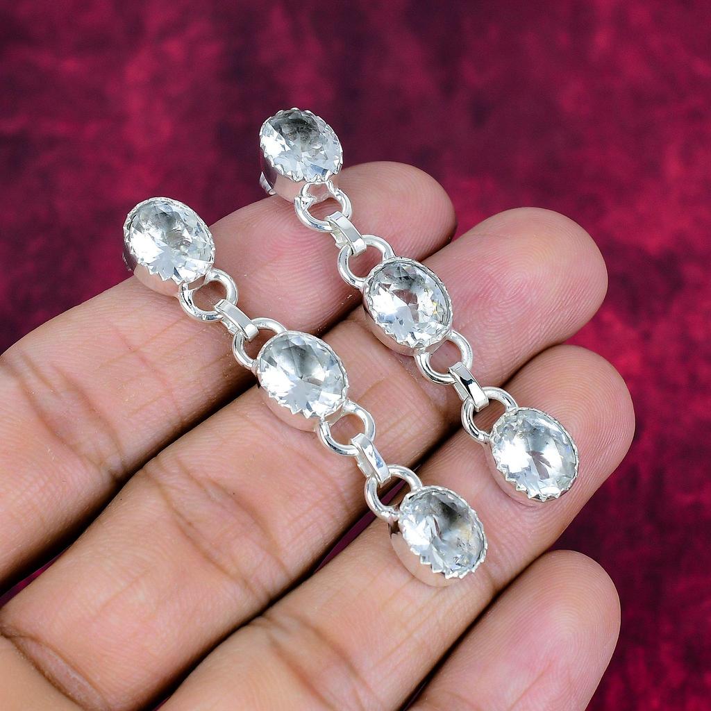 White Topaz 925 Solid Sterling Silver Earrings, Handmade Gemstone Jewelry Earrings For Memorial Day