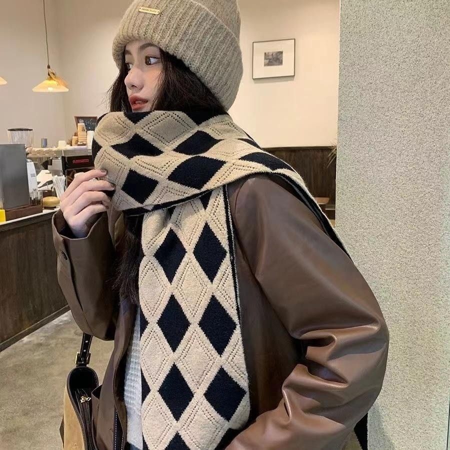 Winter Korean Style Versatile Warm Scarf Women's Knitted Thickened Diamond Plaid Retro Lazy Style Neck Warmer