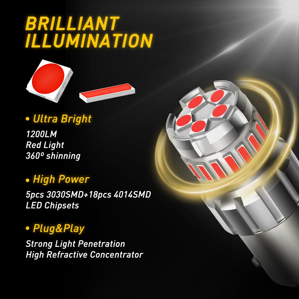 AUXITO 2pcs 1156 BA15S P21W Red LED Bulbs 1157 BAY15D P21/5W 7507 2057 Brake Lights Car Reverse Lamp Stop Tail Lights 1200LM 12V