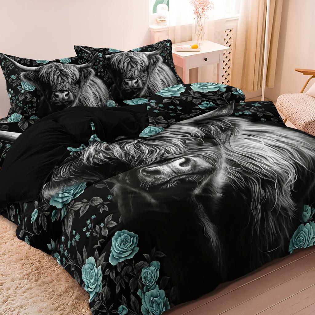 3pcs Highland Cow Pattern Duvet Cover Set Fabric With Digital Animal Print 1 Duvet Cover And 2 Pillowcases (No Quilt)