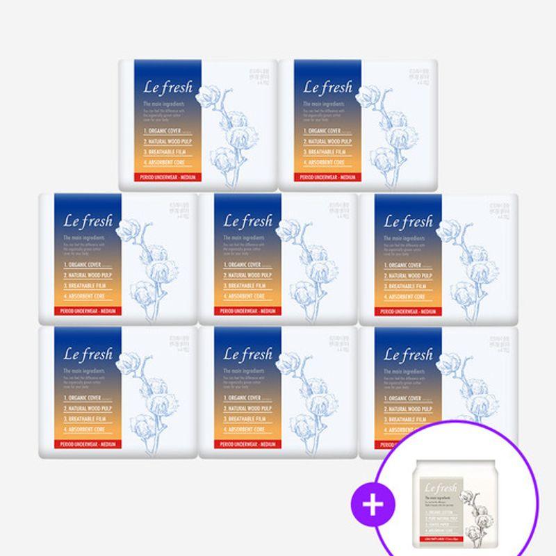 Lefresh Organic 100% Cotton Cover Wearable Overnight 4P x 8 Packs + 1 Pack of Panty Liners / Slim Fit Panty-Type Sanitary Pad 8 packs of 4 large sheets+1pack of panty liners