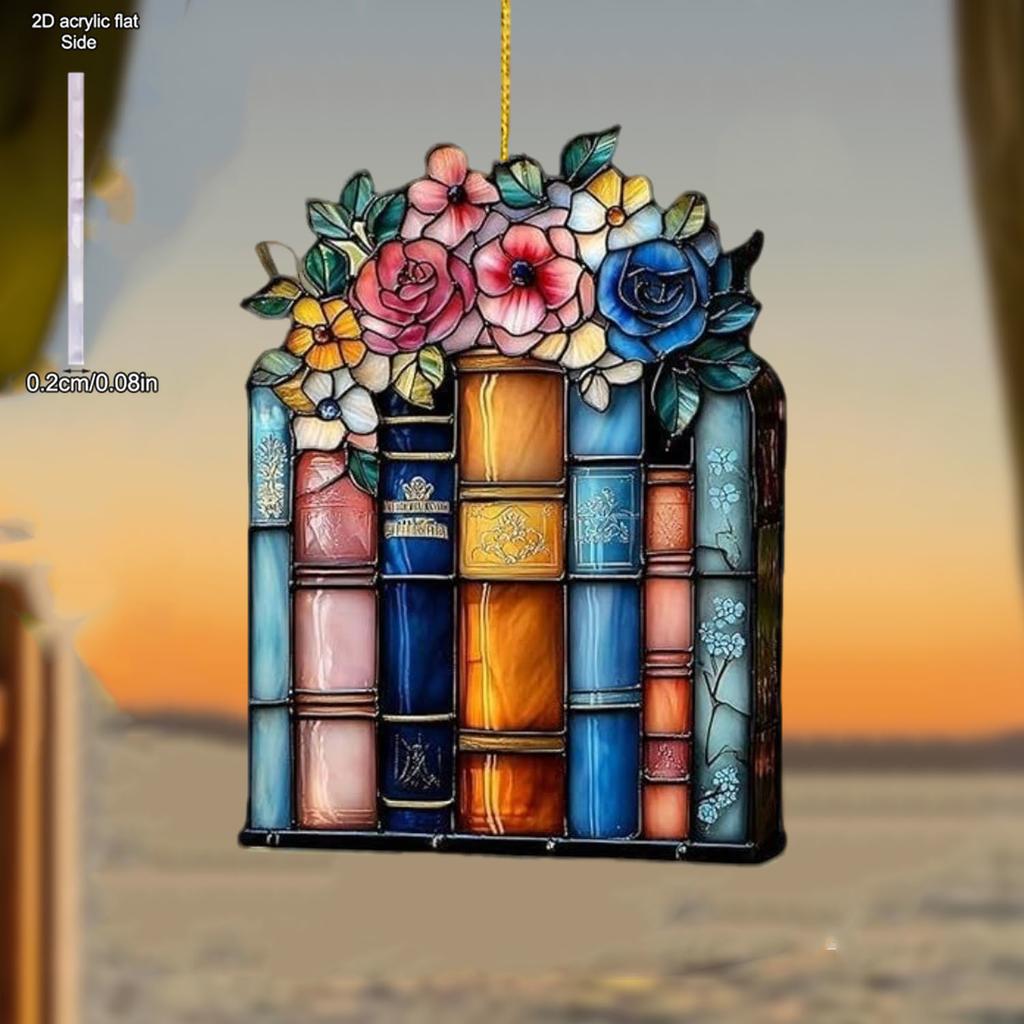 Floral Book Sun Catcher Ornamen Sign, Car Hanging Ornamen, Stained Glaze Acrylic Decor for Book Lovers, Teacher Librarian Gift, Christmas Tree Hangin
