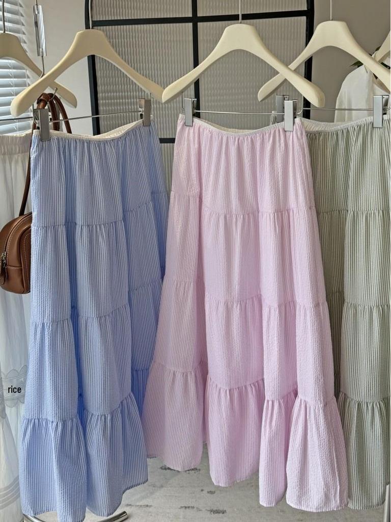 Korean-Style Sweet High-Waisted Ribbed A-Line Midi Skirt, Women's Spring/Summer New Arrival, Slimming Versatile Umbrella Design, Big Hem Skirt