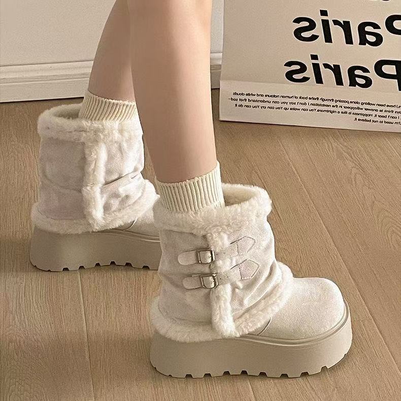 Retro thick-soled heightening snow boots winter new casual piled thickened warm wool cotton shoes