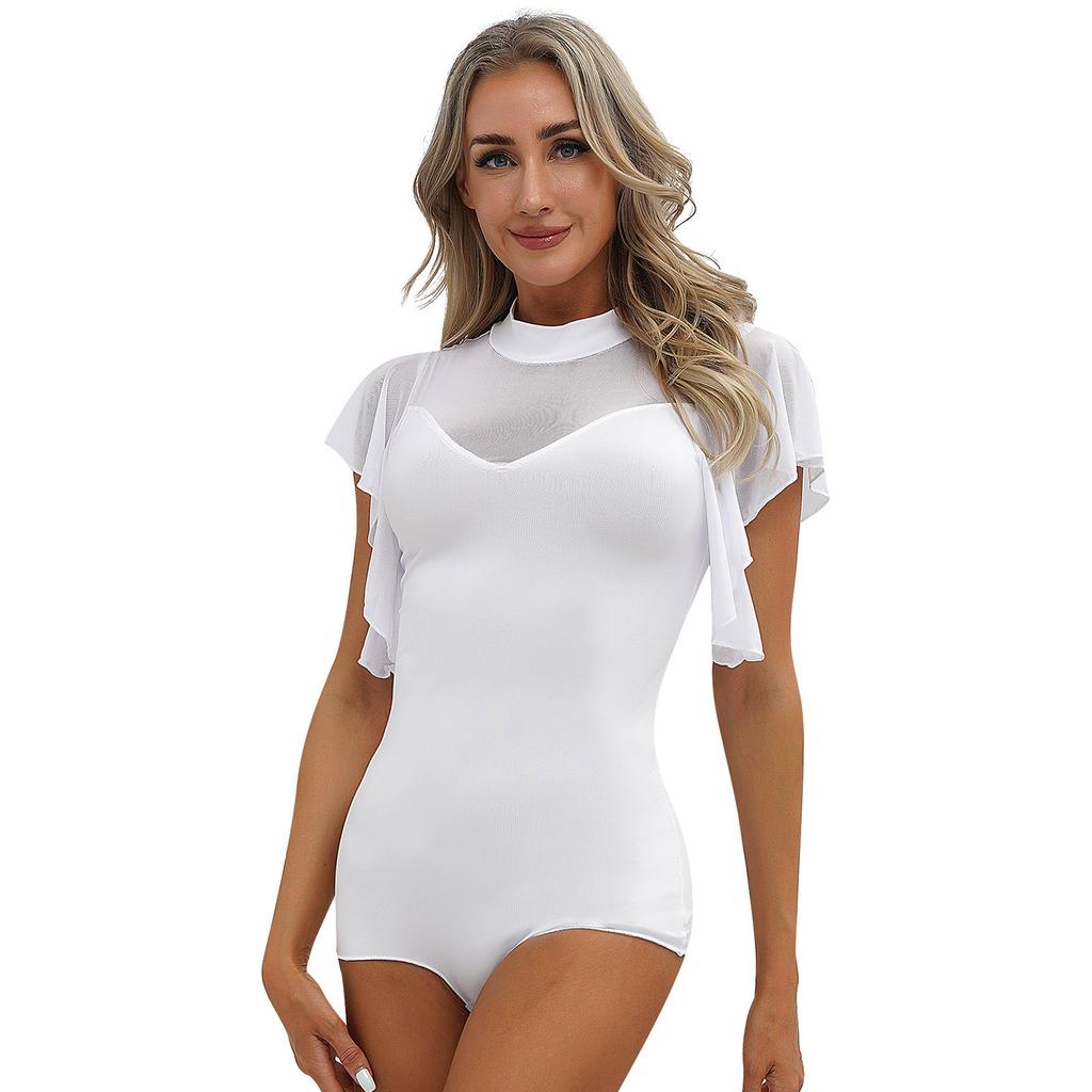 Womens Cha Cha Costume Mesh Ruffles Short Sleeve Leotard Adjustable Back Tie Design Stage Dancewear