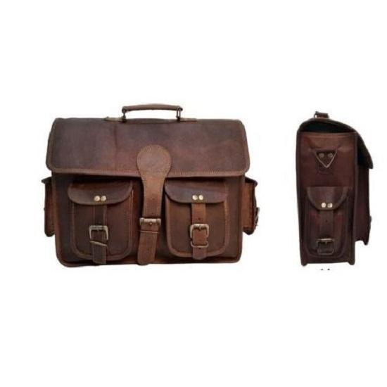 New Vintage Men's Genuine Goat Leather Brown Laptop Satchel Messenger Briefcase