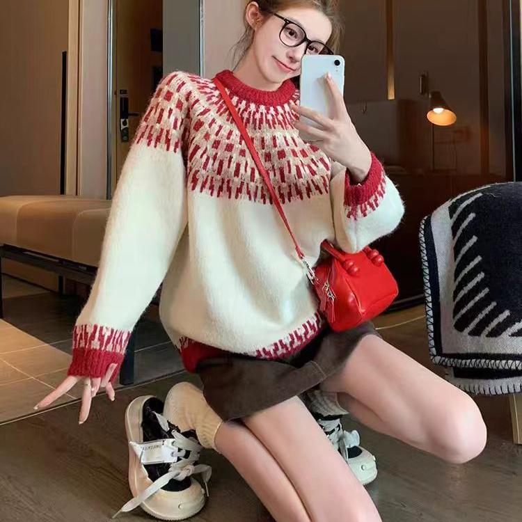 Thickened Color-blocked Sweater for Women's Autumn and Winter Half Turtleneck Knitted Sweater Loose Pullover Long-sleeved Casual Inner Layer Top