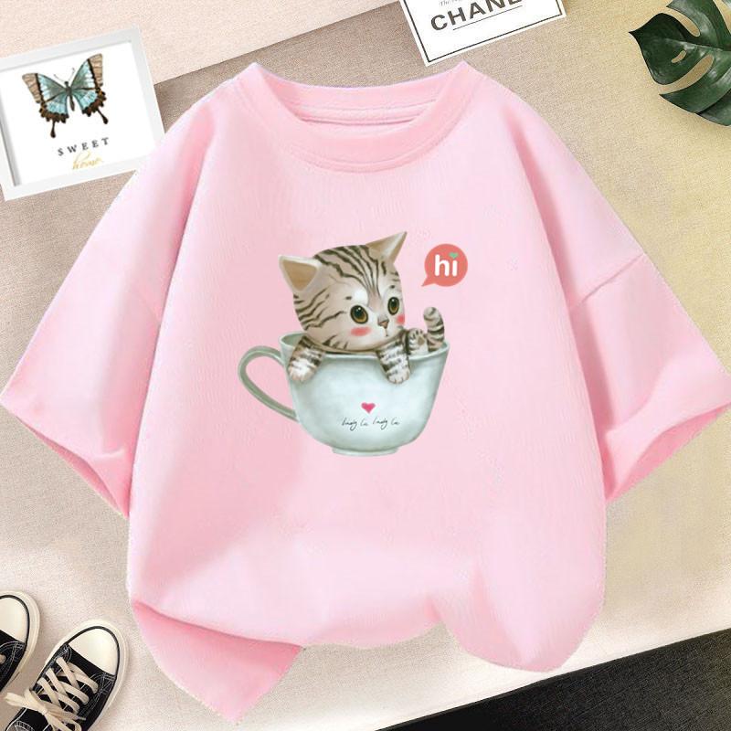 Cotton 100%  Cat Girls T Shirt Clothes Girls Animal Children T-Shirt Kids Summer Cat Lively Cute Funny Baby T Shirts Tops 2023