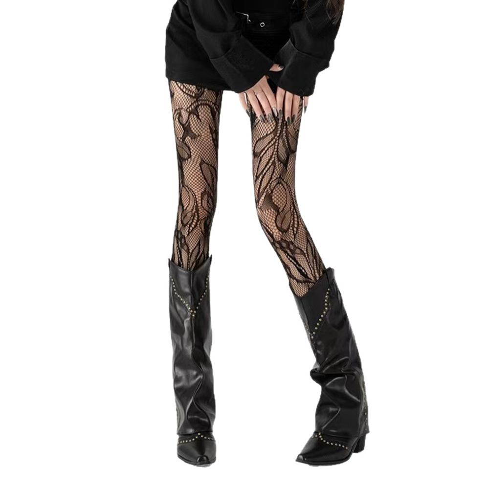 Hollow Black Flower Women Stockings Y2K Lace Tights Floral Patterned Girls Party Pantyhose Stockings Mesh Long Socks