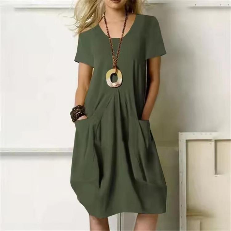 

Plus Size Oversized Casual Summer Dress for Women Short Sleeve Solid Color O Neck Daily Street Wear Fashion Lady Dress with Pocket S зелёный