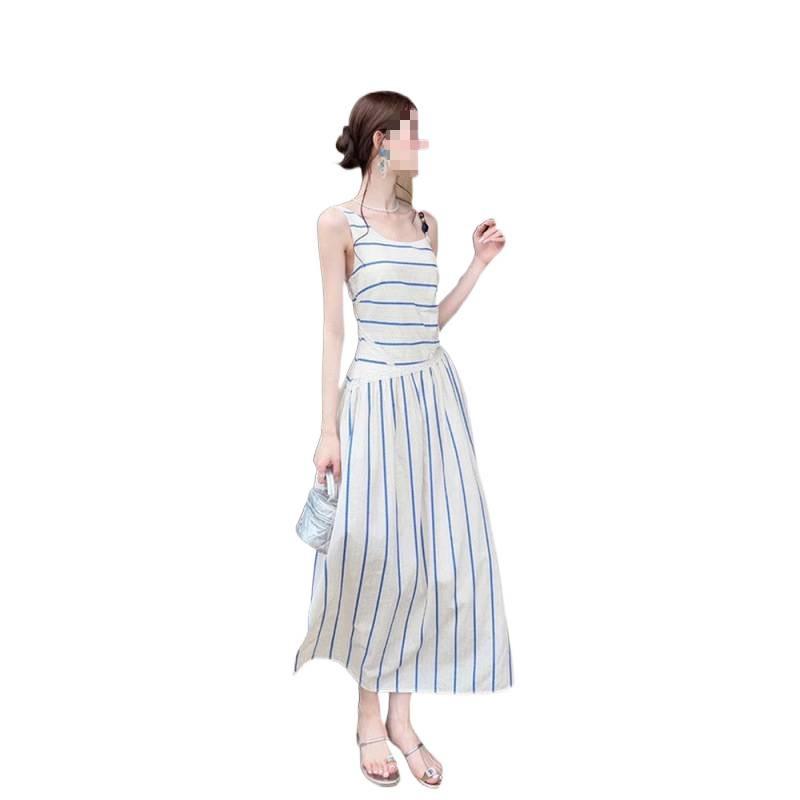 French Retro Striped Suspender Dress Women's Summer New Temperament Elegant Slim and Thin Waist Dress