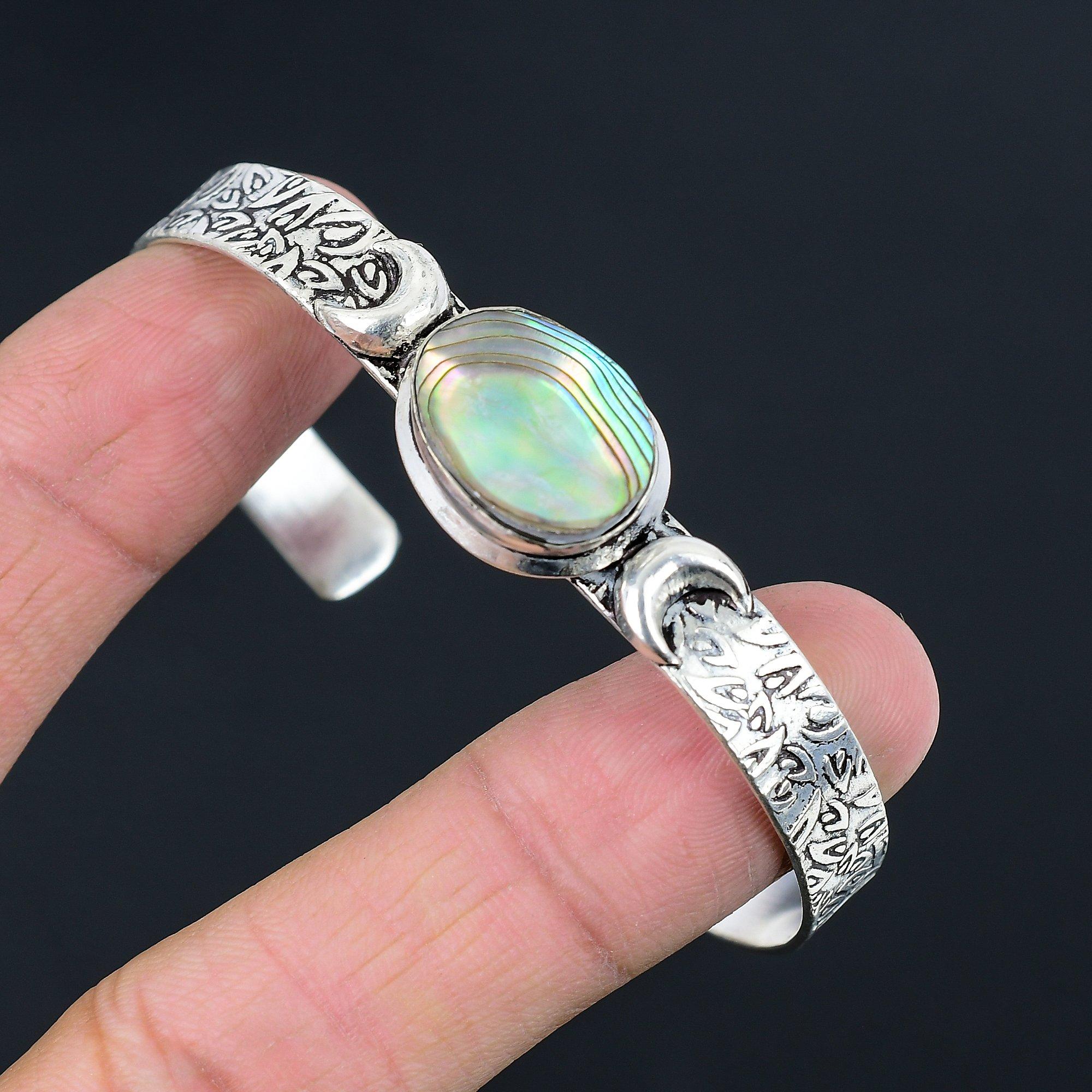 

Gift For Her 925 Silver Natural Abalone Shell Bangle Crescent Moon Adjustable Adjustable
