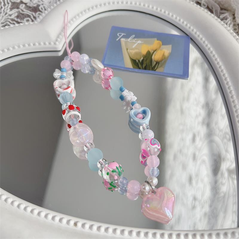 Cute Sweet Star Heart Love Beaded Phone Lanyard Strap Keychain Pendant Phone Chain Wrist Rope Bag Ornament Girl Phone Charm Gift