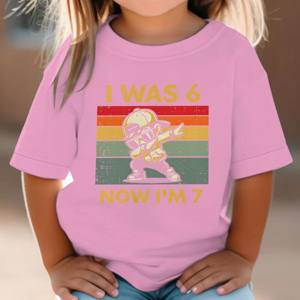 Kids Seven Year Old Cotton T-shirt Tops I Was 6 Now I'm 7 Birthday Funny 7th B-day Gift for Boy 67 Meme Birthday Cotton Tee