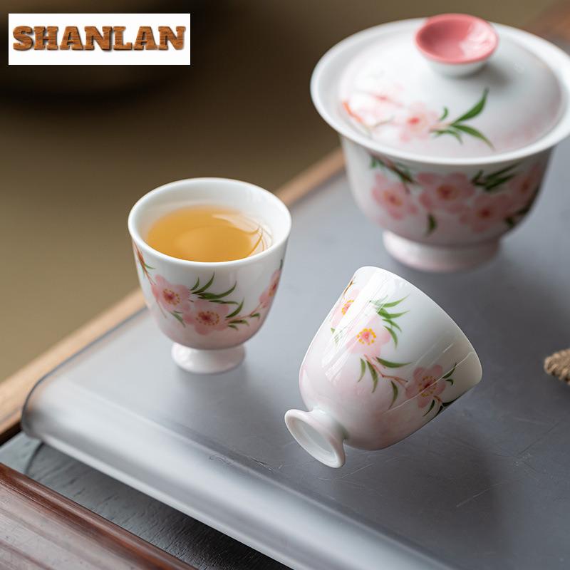 2pc/lot Hand-painted Peach Blossom Periwinkle Teacup Luxury Tea Bowl Mug Tea-tasting Fragrance Cup Chazhan Master Cups Gift 35ml