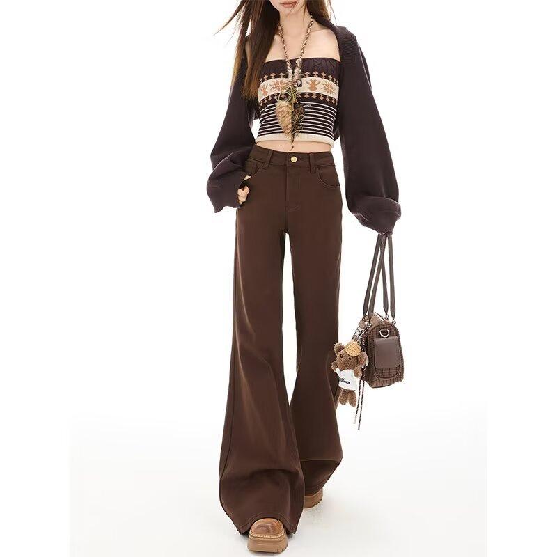 American Maillard coffee color slightly pulled jeans women's spring and autumn new high waist high and thin versatile floor flared pants