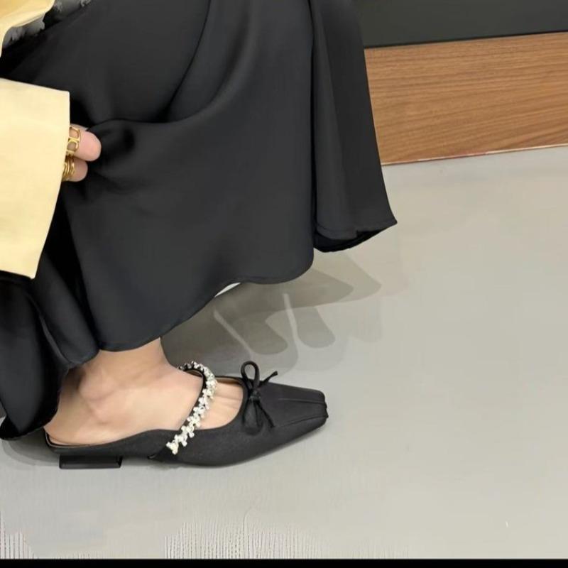 Fashion New Slippers Spring New Square Head Shallow Mouth Flannelette Butterfly Knot Crystal Line with Soft Sole Non-slip Low Heel Shoes